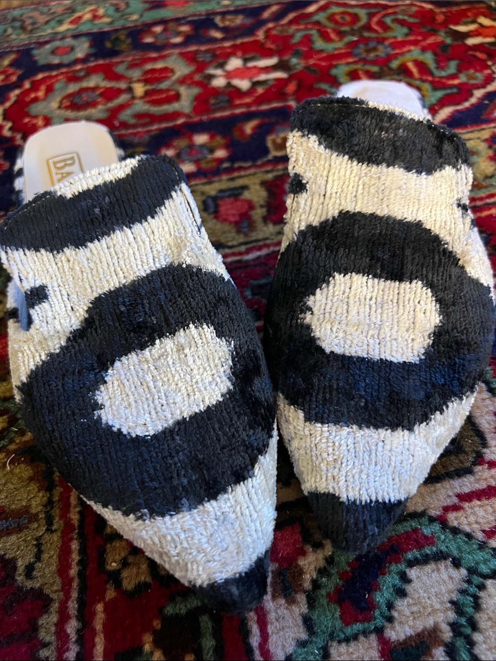 BALDIZ Amelia Handwoven Silk Velvet Ikat Mules Slides Black & Ivory Size 37